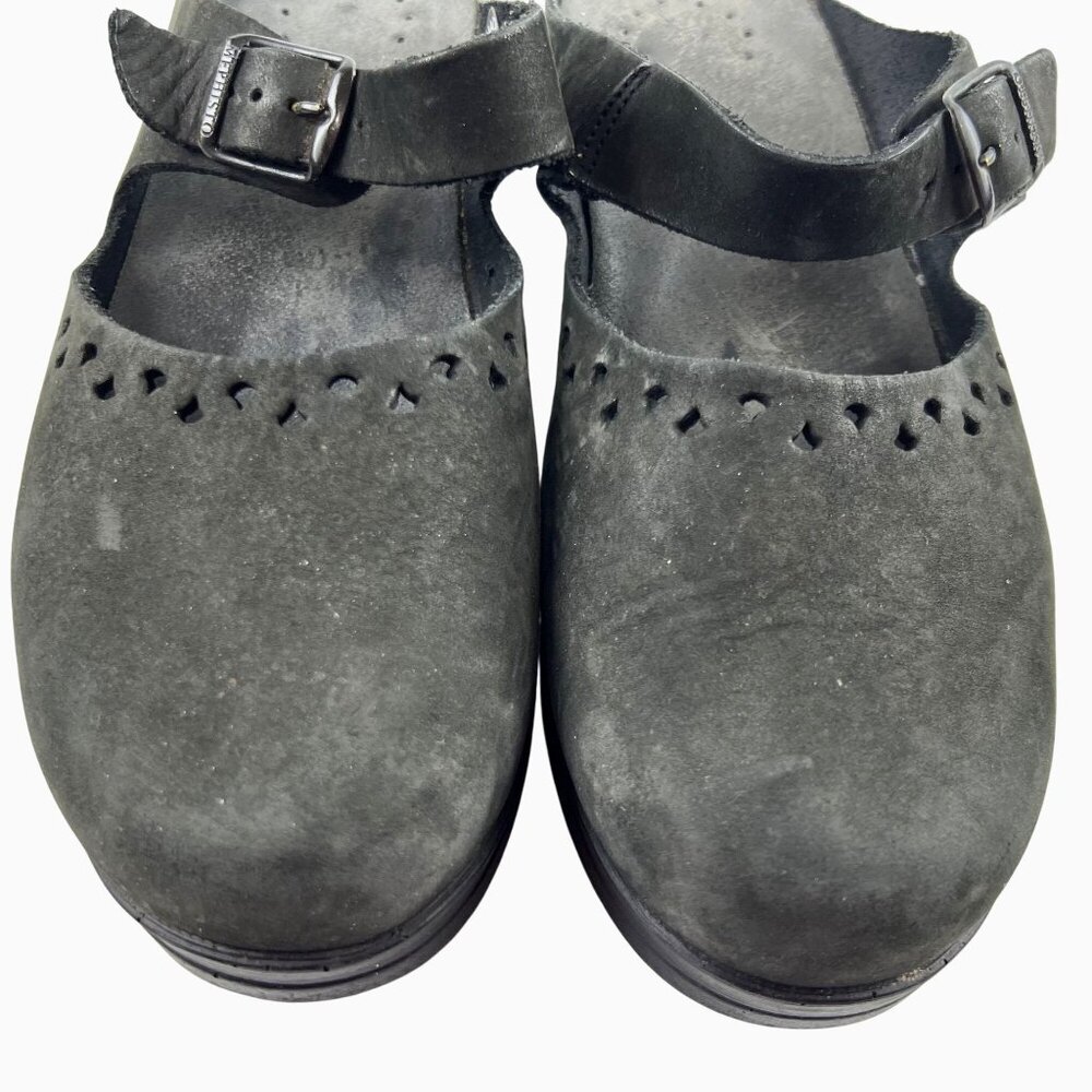 Mephisto Womens 40 Black Suede Mary Jane Clogs Adjust Strap Perforated Pattern - Picture 3 of 12